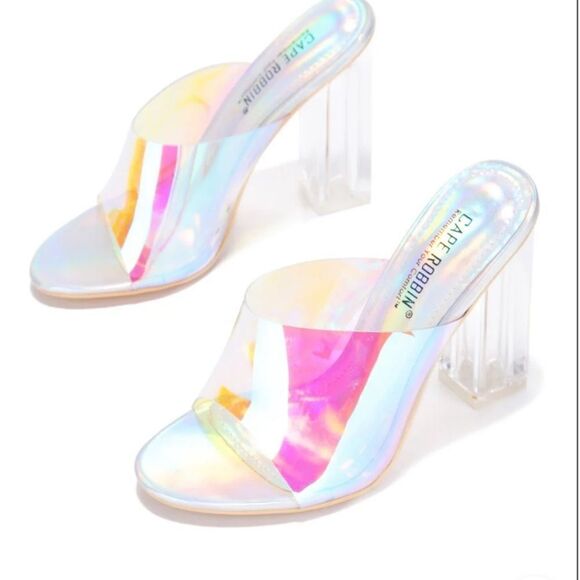 NWT Cape Robbin FUSION TRANSPARENT CLEAR Holographic CHUNKY BLOCK HEELS sz 7 - Picture 1 of 10